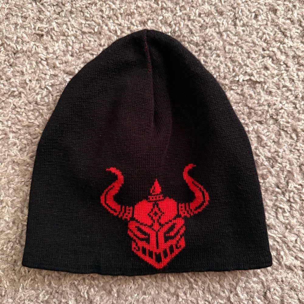 Reversible Black Red Horned Helmet Beanie